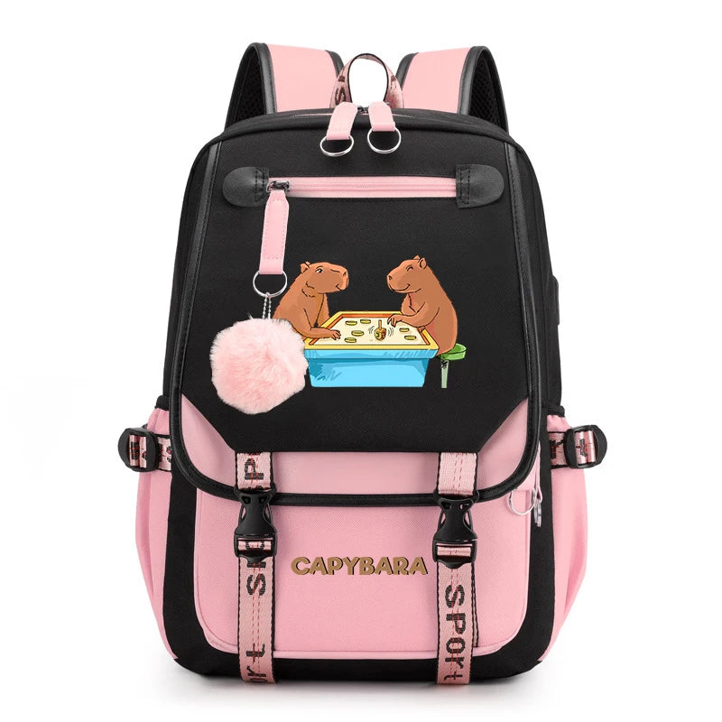 Cute Capybara Print Girls’ Backpack – USB Charging School Bag for Students
