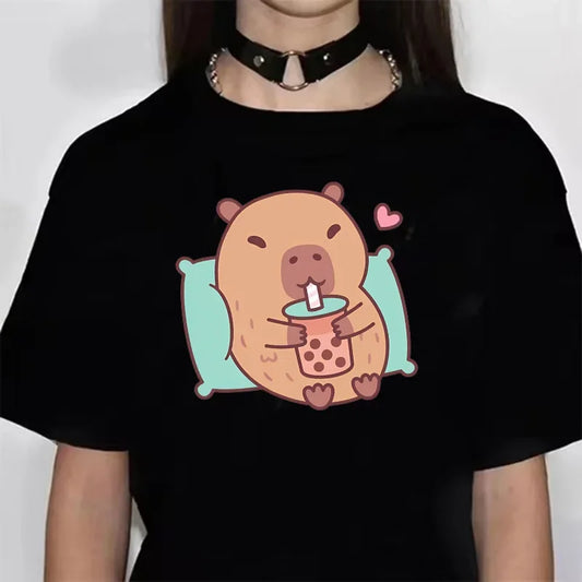Funny Capybara Graphic T-Shirt – Soft Anime-Inspired Tee for Women
