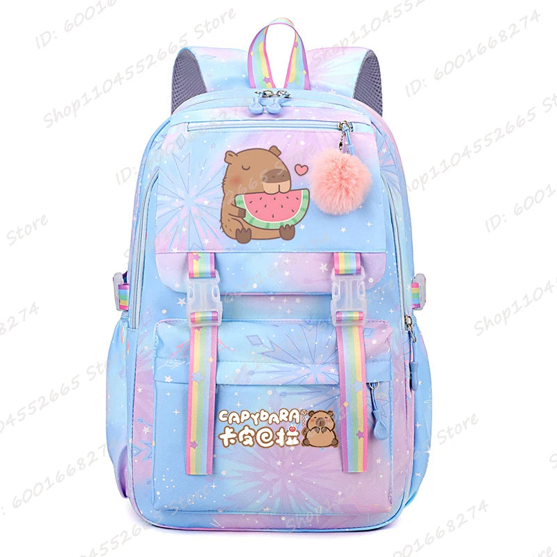 Capybara & Watermelon Graphic School Backpack – Cute Cartoon Bag for Kids