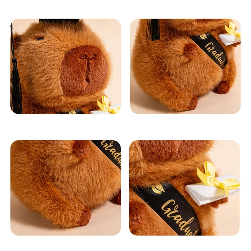 Collage of a brown capybara with a 'Graduate' sash and tassel on a beige background.
