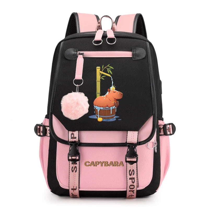 Cute Capybara Print Girls’ Backpack – USB Charging School Bag for Students