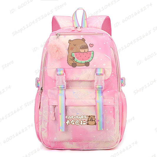 Capybara & Watermelon Graphic School Backpack – Cute Cartoon Bag for Kids