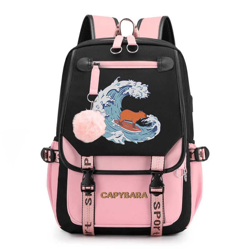 Cute Capybara Print Girls’ Backpack – USB Charging School Bag for Students