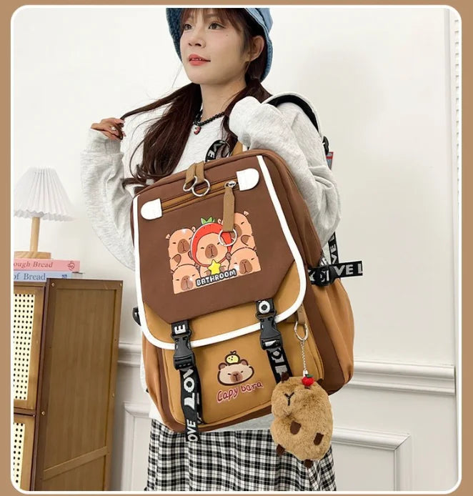 Waterproof Capybara Backpack or Schoolbag for Kids and Teenagers with Plush Keychain