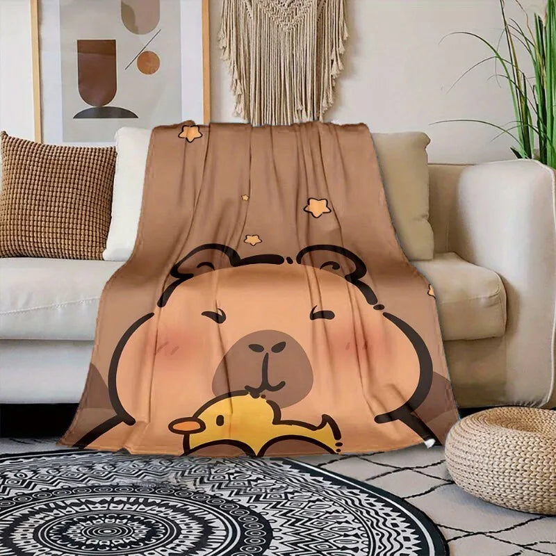 Soft Flannel Capybara & Duck Print Throw Blanket