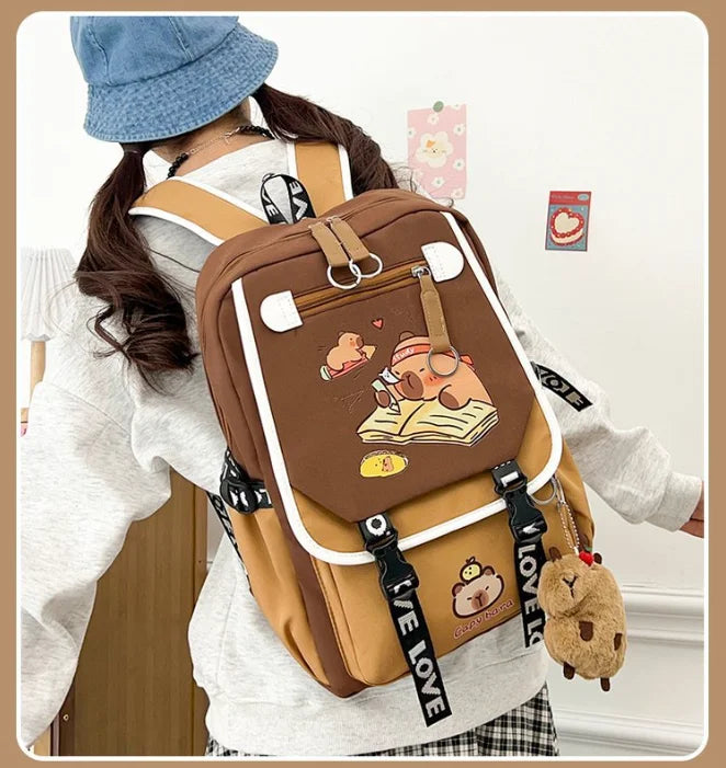 Waterproof Capybara Backpack or Schoolbag for Kids and Teenagers with Plush Keychain