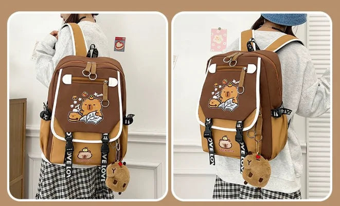 Waterproof Capybara Backpack or Schoolbag for Kids and Teenagers with Plush Keychain
