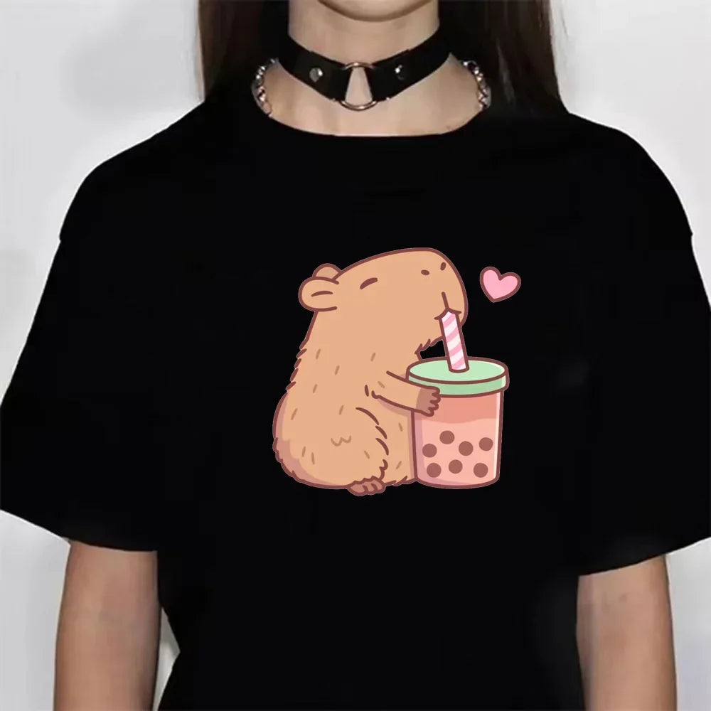 Funny Capybara Graphic T-Shirt – Soft Anime-Inspired Tee for Women