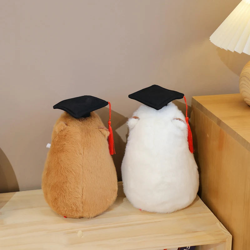 Two plush capybaras wearing graduation caps on a wooden surface.
