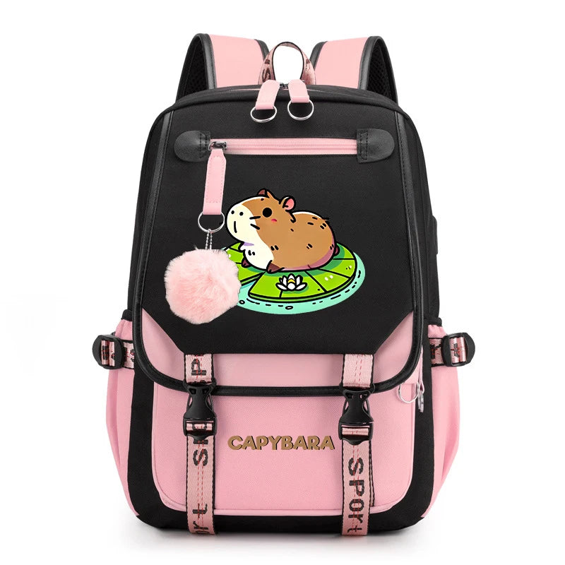 Cute Capybara Print Girls’ Backpack – USB Charging School Bag for Students