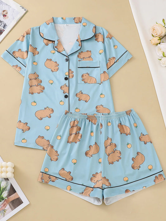 Women’s 2-Piece Capybara Pajama Set – Cute Animal Print Short Sleeve Top & Stretch Shorts