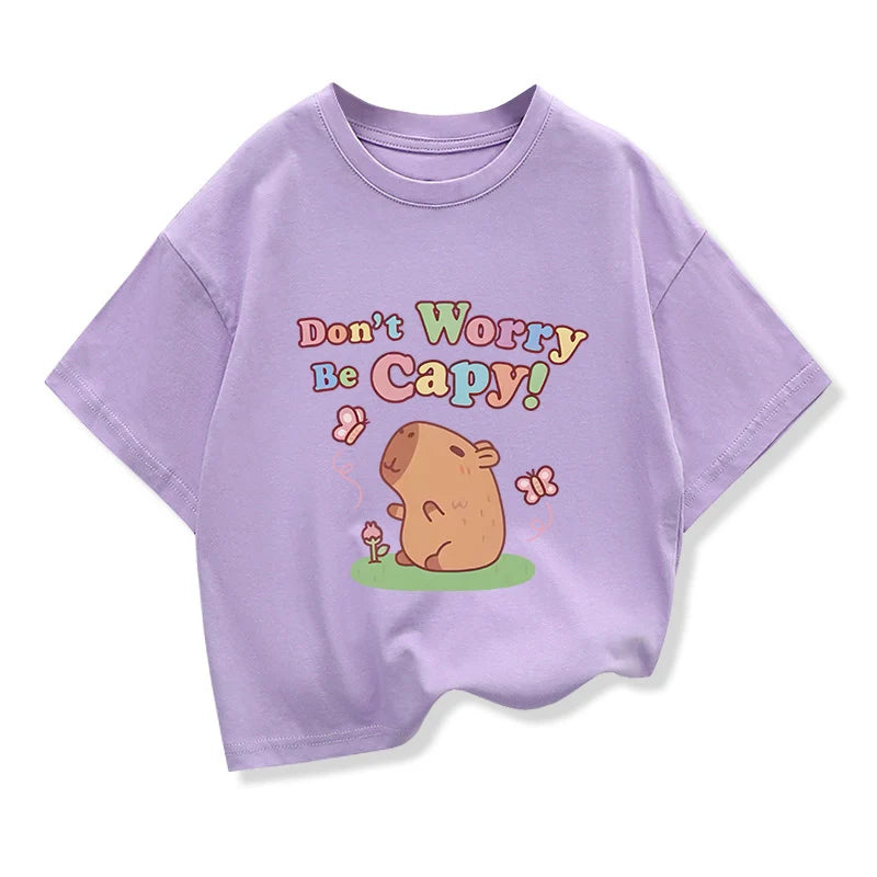 Capybara Print 100%Cotton T-shirt For Kids 3-12 Years Girls