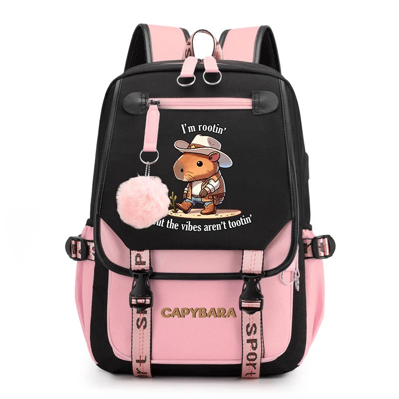Cute Capybara Print Girls’ Backpack – USB Charging School Bag for Students