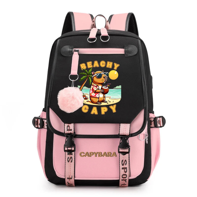 Cute Capybara Print Girls’ Backpack – USB Charging School Bag for Students