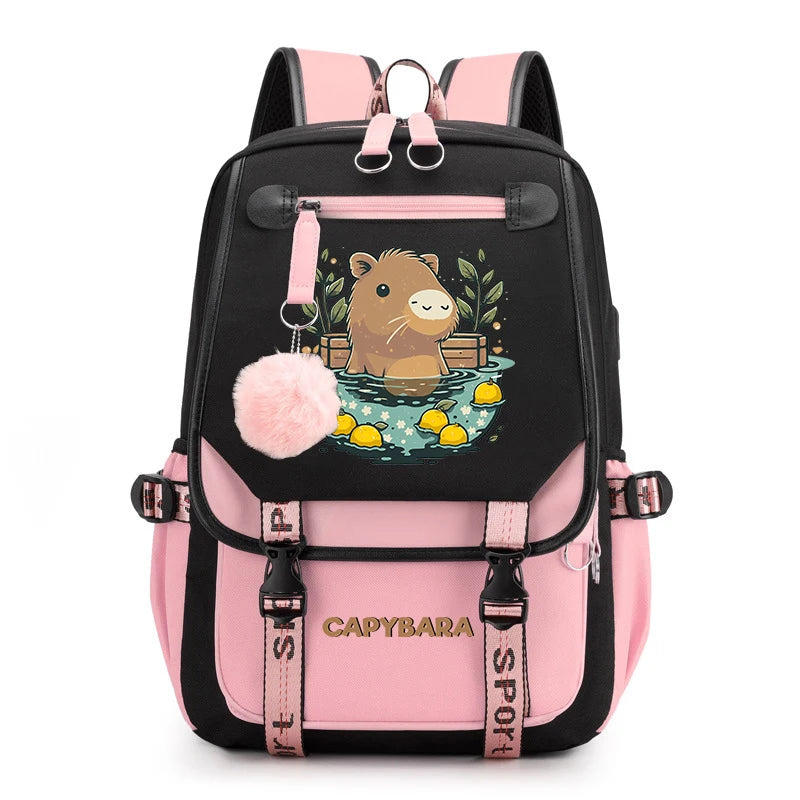Cute Capybara Print Girls’ Backpack – USB Charging School Bag for Students