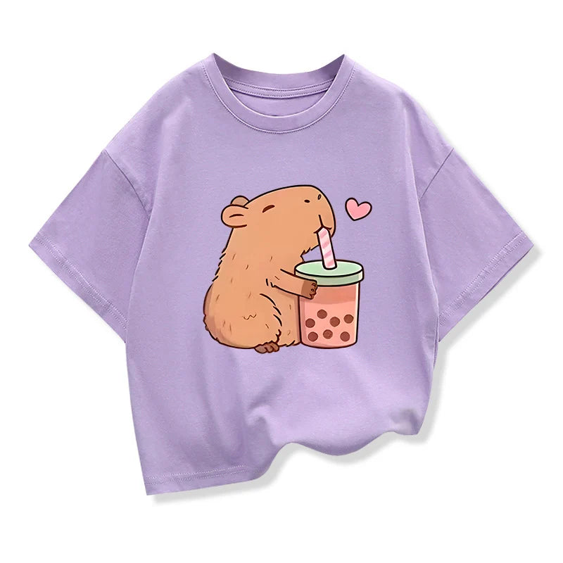 Capybara Print 100%Cotton T-shirt For Kids 3-12 Years Girls