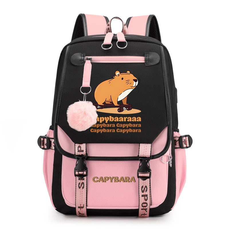 Cute Capybara Print Girls’ Backpack – USB Charging School Bag for Students