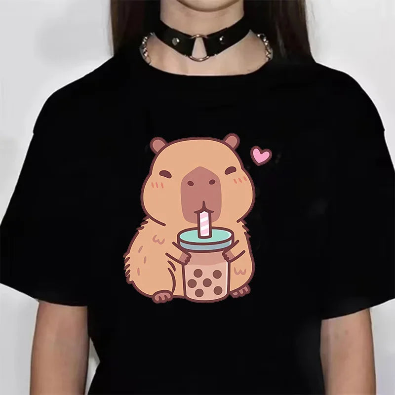 Funny Capybara Graphic T-Shirt – Soft Anime-Inspired Tee for Women