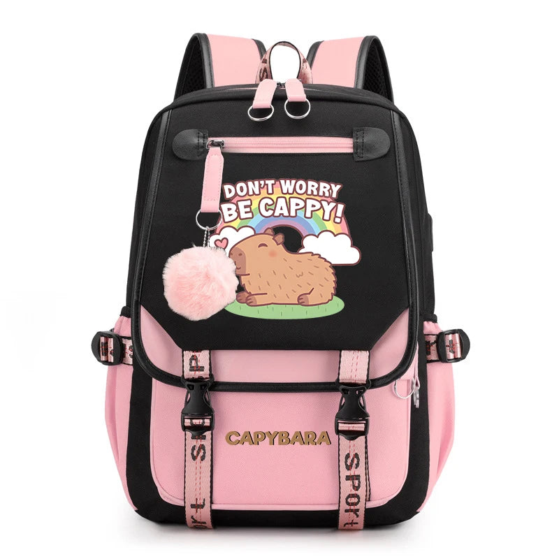 Cute Capybara Print Girls’ Backpack – USB Charging School Bag for Students